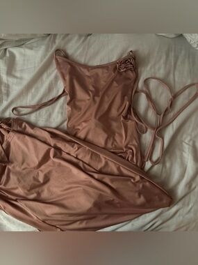 Satin Slip Dress with Floral Accent - Rose Taupe